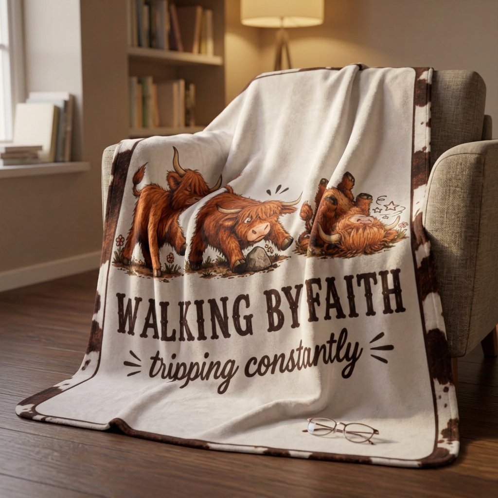 Limited Edition Walking By Faith Tripping Constantly Highland Cow Sherpa Blanket | Plush Fleece Throw, Extra Warm Cozy 50x60, Christmas Gift