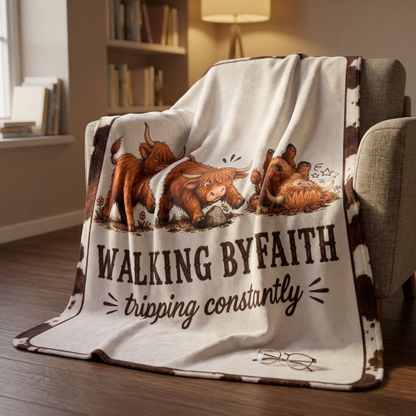 Limited Edition Walking By Faith Tripping Constantly Highland Cow Sherpa Blanket | Plush Fleece Throw, Extra Warm Cozy 50x60, Christmas Gift
