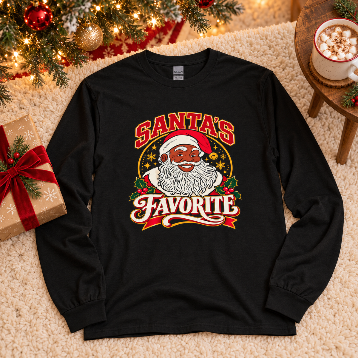 Unisex Christmas Shirt, Santa's Favorite Long Sleeve Shirt, Black Santa Pajama Shirt, Family Christmas Pajamas, Matching Photo Shirt