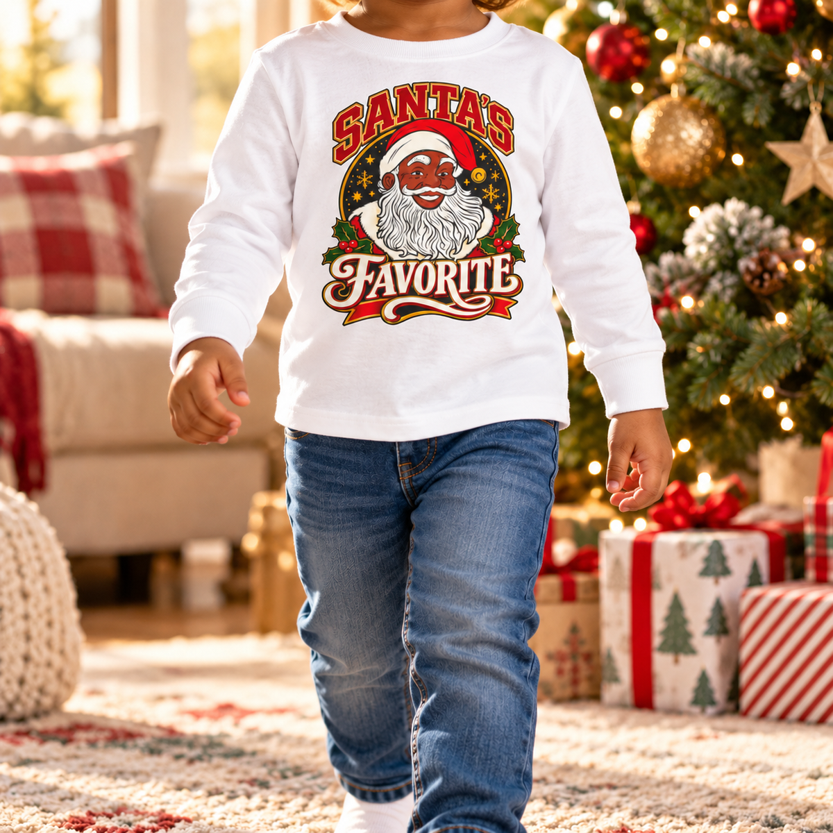 Toddler Christmas Pajama Shirt, Santa's Favorite Long Sleeve Shirt, Black Santa Christmas Pajamas, Kids Holiday Photo Outfit