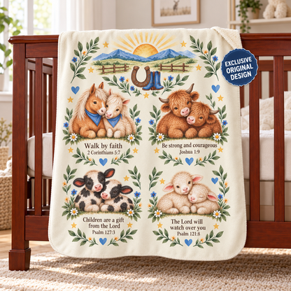 Western Farm Animal Sherpa Baby Blanket, Warm and Plush Christening Baptism Gift, Baby Shower, Godchild Bible Scripture Blanket, Nursery