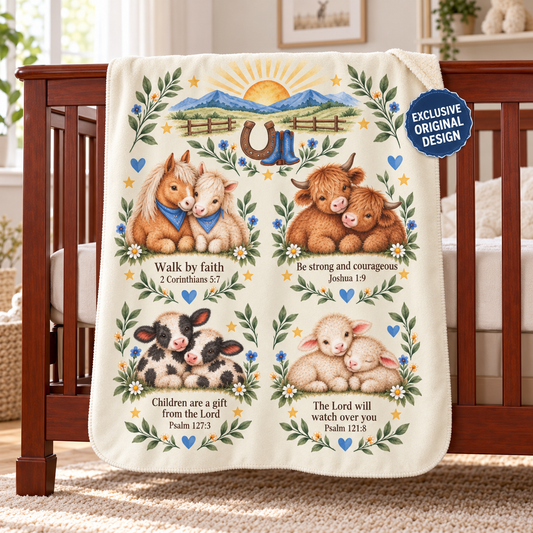 Western Farm Animal Sherpa Baby Blanket, Warm and Plush Christening Baptism Gift, Baby Shower, Godchild Bible Scripture Blanket, Nursery