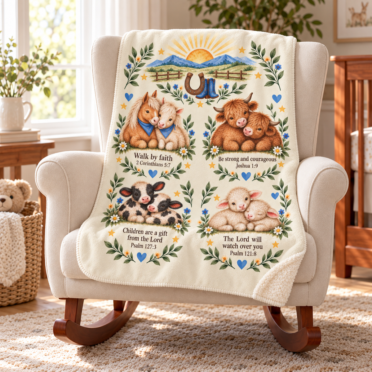 Western Farm Animal Sherpa Baby Blanket, Warm and Plush Christening Baptism Gift, Baby Shower, Godchild Bible Scripture Blanket, Nursery