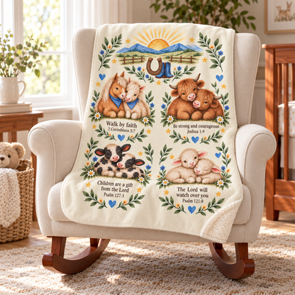 Western Farm Animal Sherpa Baby Blanket, Warm and Plush Christening Baptism Gift, Baby Shower, Godchild Bible Scripture Blanket, Nursery