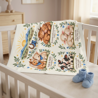Western Farm Animal Sherpa Baby Blanket, Warm and Plush Christening Baptism Gift, Baby Shower, Godchild Bible Scripture Blanket, Nursery