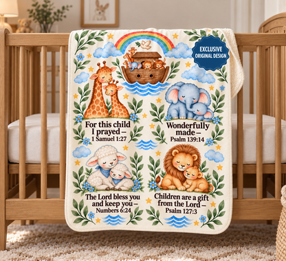 Noah's Ark Sherpa Baby Blanket, Warm and Plush Christening Baptism Gift, Baby Shower Gift, Godchild Bible Scripture Blanket, Nursery Decor