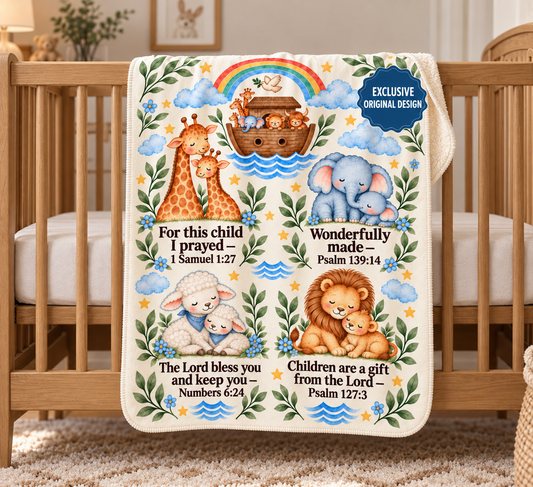 Noah's Ark Sherpa Baby Blanket, Warm and Plush Christening Baptism Gift, Baby Shower Gift, Godchild Bible Scripture Blanket, Nursery Decor