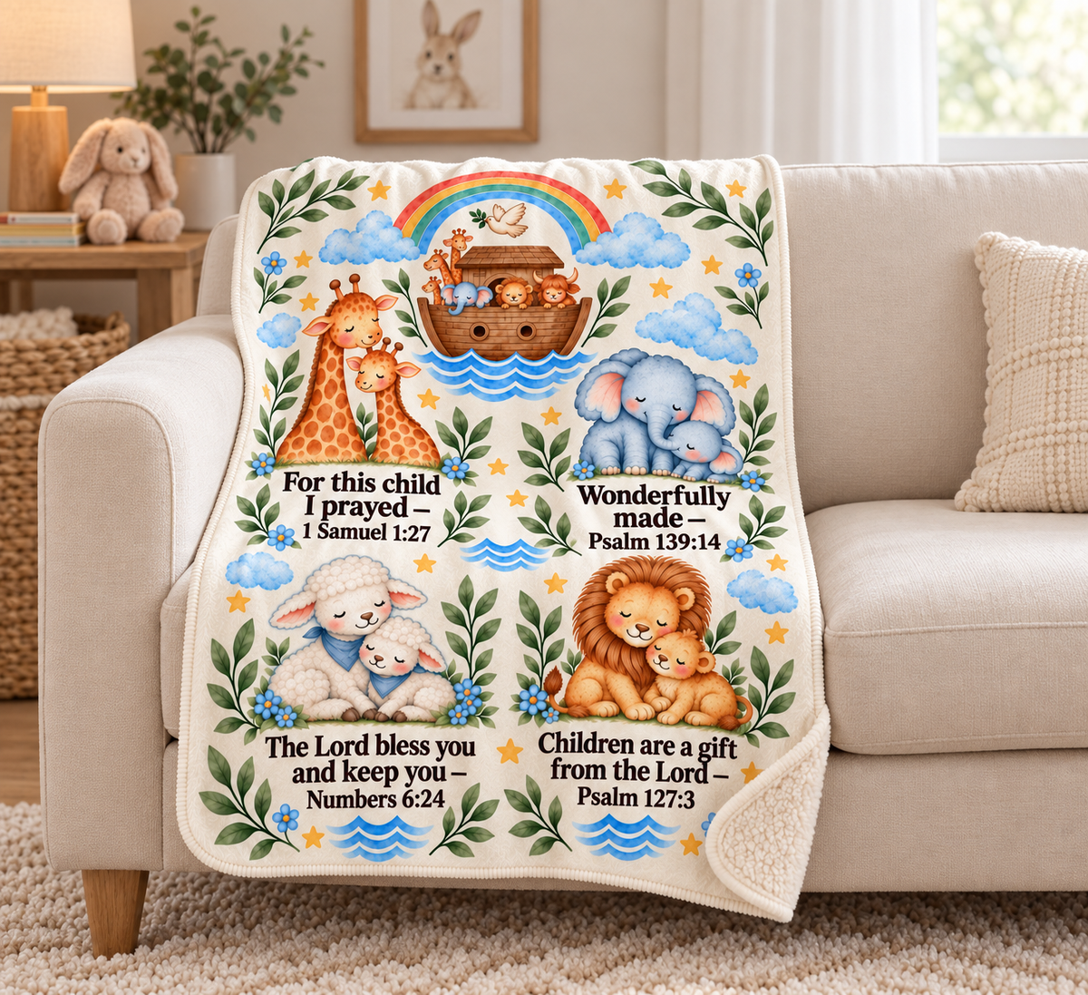 Noah's Ark Sherpa Baby Blanket, Warm and Plush Christening Baptism Gift, Baby Shower Gift, Godchild Bible Scripture Blanket, Nursery Decor
