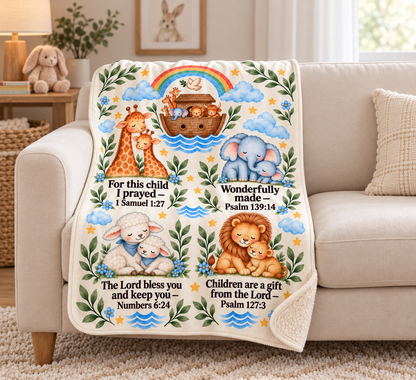 Noah's Ark Sherpa Baby Blanket, Warm and Plush Christening Baptism Gift, Baby Shower Gift, Godchild Bible Scripture Blanket, Nursery Decor