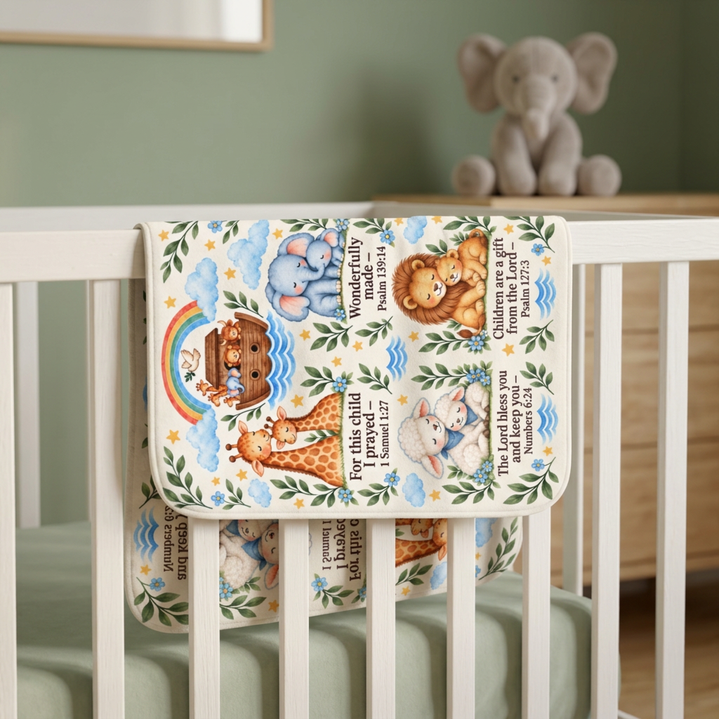 Noah's Ark Sherpa Baby Blanket, Warm and Plush Christening Baptism Gift, Baby Shower Gift, Godchild Bible Scripture Blanket, Nursery Decor