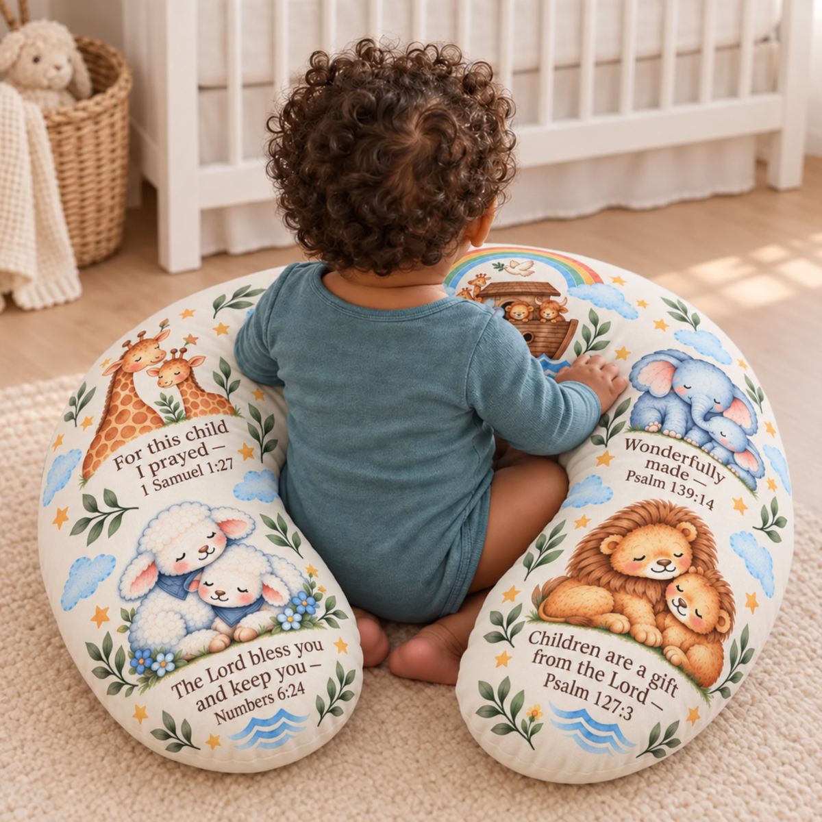 Noah's Ark Nursing Pillow Cover, Christian Scripture Baby Feeding Pillow Cover, Giraffe Elephant Lion Lamb Nursery Decor, Baby Shower Gift