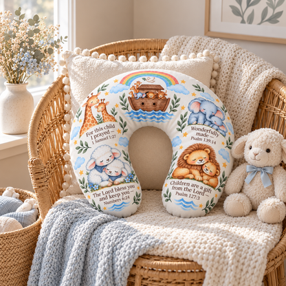 Noah's Ark Nursing Pillow Cover, Christian Scripture Baby Feeding Pillow Cover, Giraffe Elephant Lion Lamb Nursery Decor, Baby Shower Gift