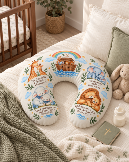 Noah's Ark Nursing Pillow Cover, Christian Scripture Baby Feeding Pillow Cover, Giraffe Elephant Lion Lamb Nursery Decor, Baby Shower Gift