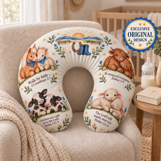 Walking By Faith Nursing Pillow Cover, Western Farm Animal Baby Feeding Pillow Cover, Christian Scripture Nursery Decor, Cow Horse Lamb Gift