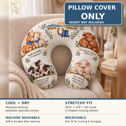 Walking By Faith Nursing Pillow Cover, Western Farm Animal Baby Feeding Pillow Cover, Christian Scripture Nursery Decor, Cow Horse Lamb Gift