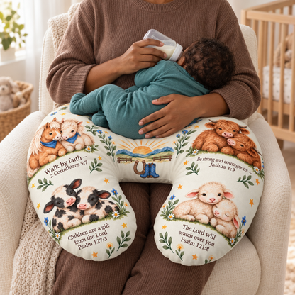 Walking By Faith Nursing Pillow Cover, Western Farm Animal Baby Feeding Pillow Cover, Christian Scripture Nursery Decor, Cow Horse Lamb Gift