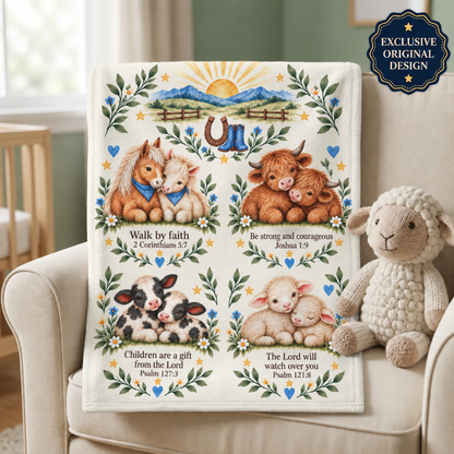 Walking By Faith Baby Blanket, Western Farm Animal Swaddle, Christian Scripture Nursery Blanket, Cow Horse Lamb Hospital 30x40 Blanket Gift