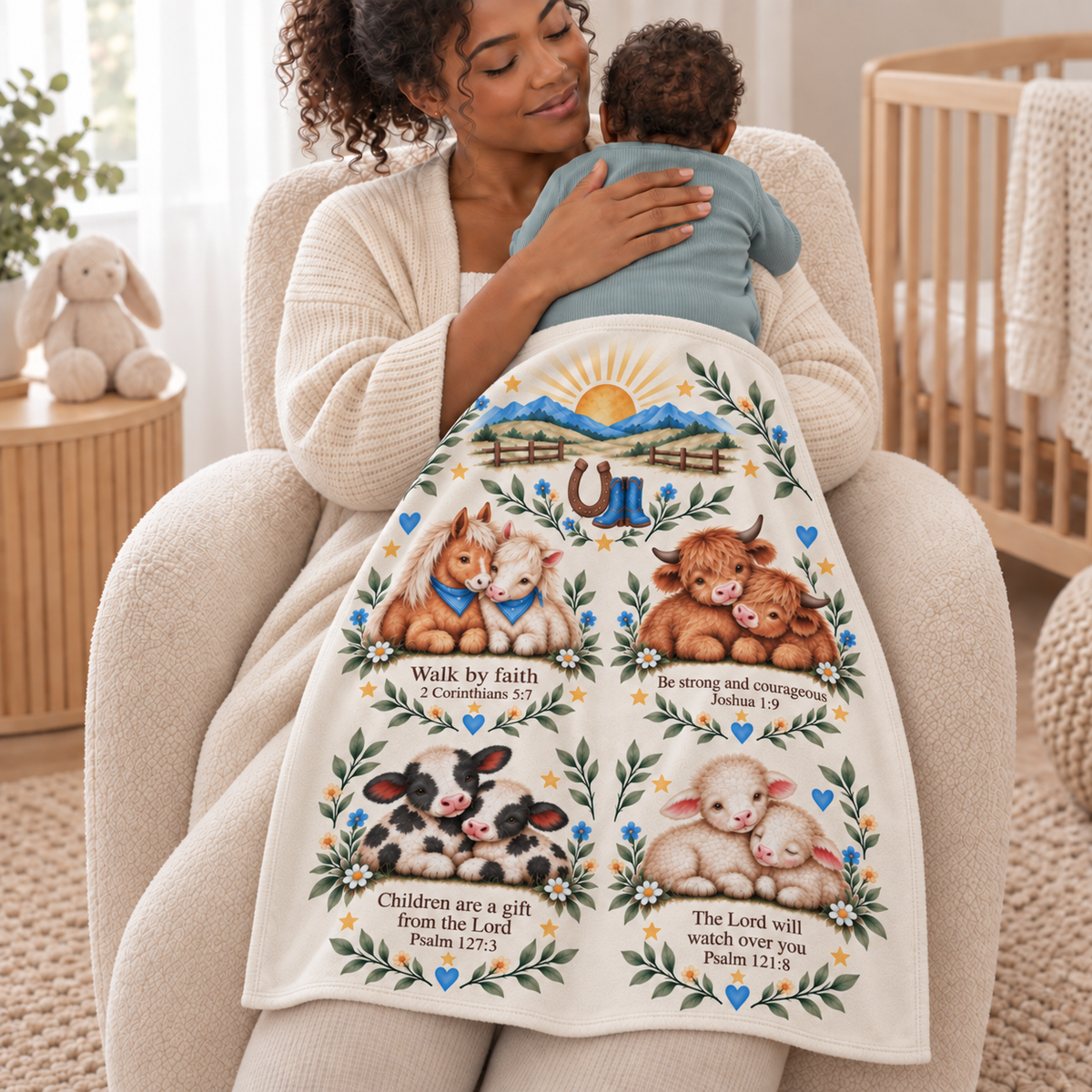 Walking By Faith Baby Blanket, Western Farm Animal Swaddle, Christian Scripture Nursery Blanket, Cow Horse Lamb Hospital 30x40 Blanket Gift