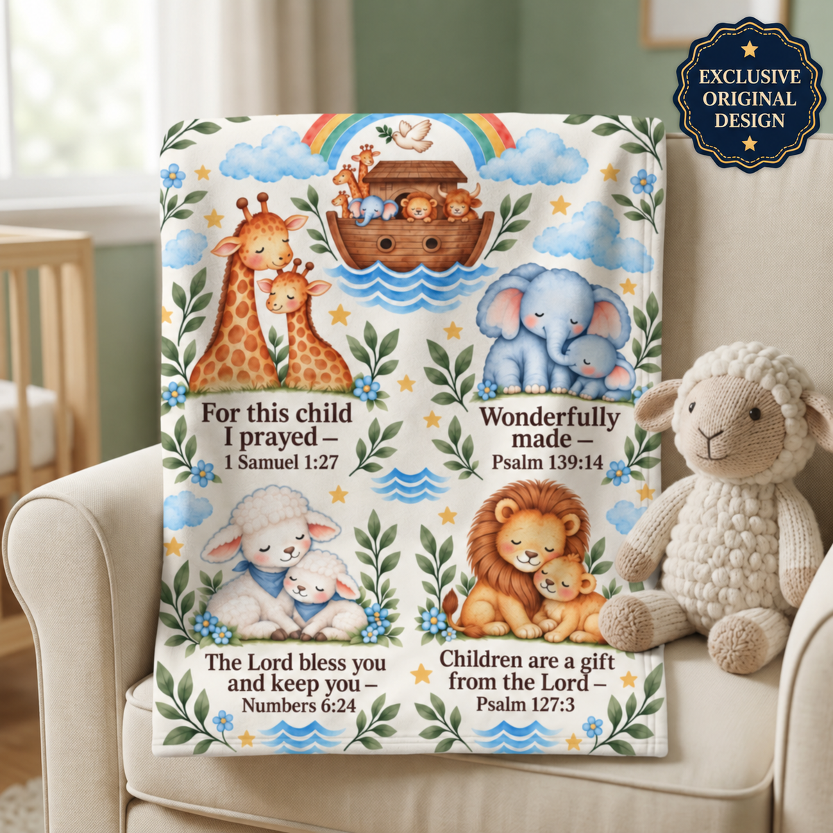 Noah's Ark Baby Blanket, Christian Scripture Swaddle, Giraffe Elephant Lion Lamb Nursery Blanket, Hospital Gift for Baby Boy or Girl