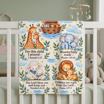 Noah's Ark Baby Blanket, Christian Scripture Swaddle, Giraffe Elephant Lion Lamb Nursery Blanket, Hospital Gift for Baby Boy or Girl