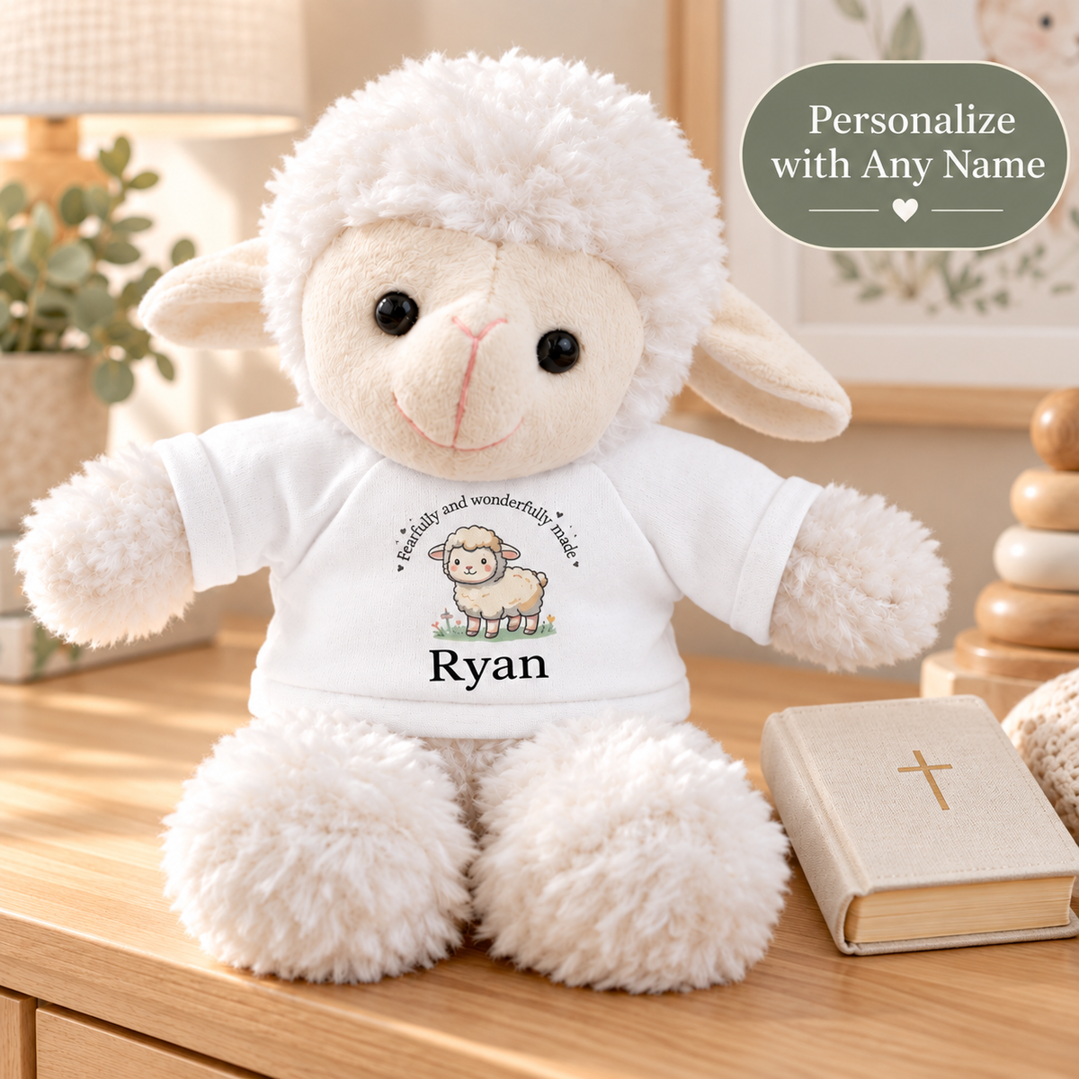 Personalized Lamb Stuffed Animal, Fearfully and Wonderfully Made, Christian Custom Name Plush, Baby Shower, Baptism, Communion Gift