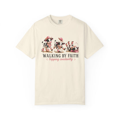 Comfort Colors® Walking by Faith Tripping Constantly Cow Tee, Christian Shirt Women, Funny Faith Humor Gospel Graphic Quote Religious Tee