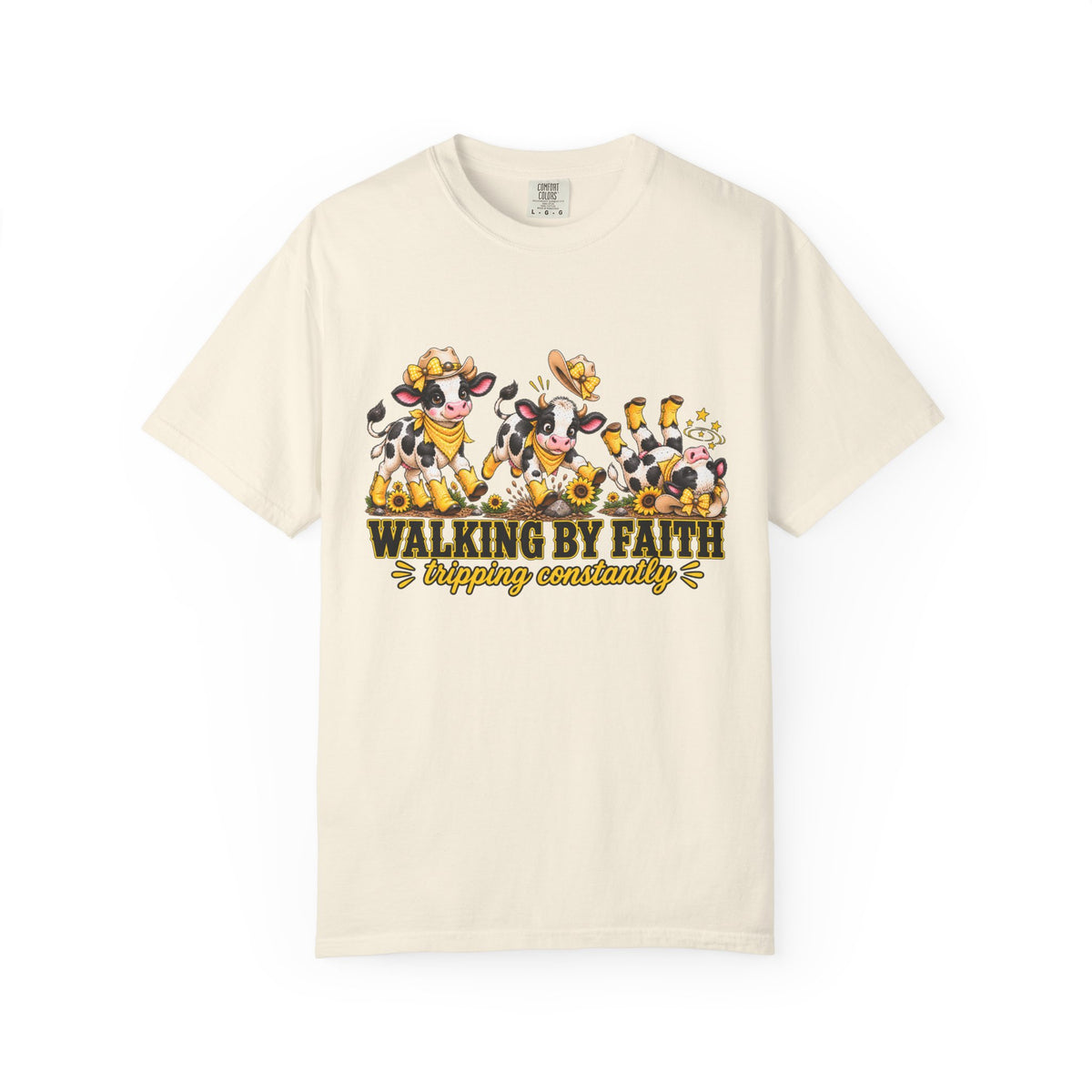 Comfort Colors® Walking By Faith Tripping Constantly Yellow Flowers Cow Shirt