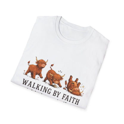 Walking By Faith Tripping Constantly T-Shirt – Cute Highland Cow Design, Faith Humor Tee