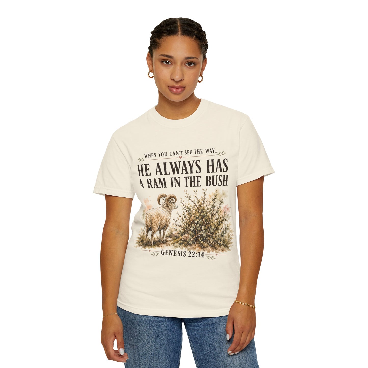 Comfort Colors® He Always Has a Ram in the Bush Tee, Minimal Christian Shirt Women