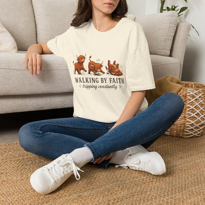 Walking By Faith Tripping Constantly T-Shirt – Cute Highland Cow Design, Faith Humor Tee