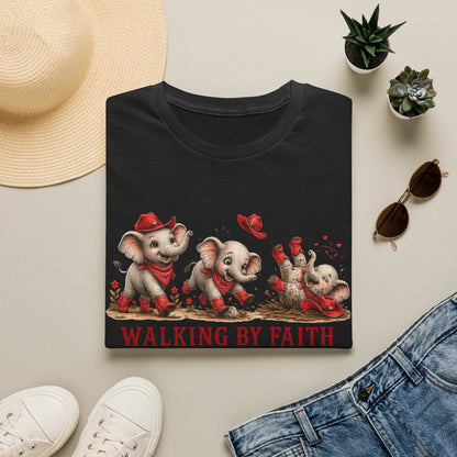 Walking By Faith Tripping Constantly T-Shirt – Cute Red Elephant Design, Faith Humor Tee