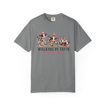 Comfort Colors® Walking by Faith Tripping Constantly Cow Tee, Christian Shirt Women, Funny Faith Humor Gospel Graphic Quote Religious Tee