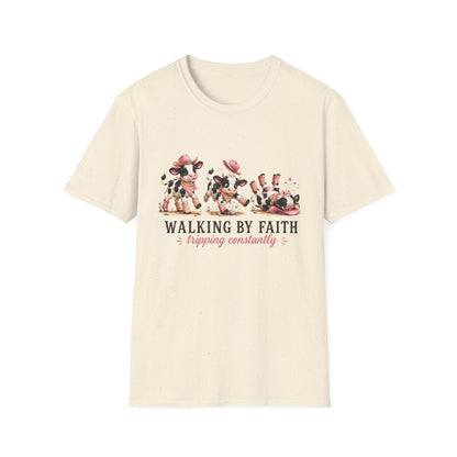 Walking By Faith Tripping Constantly T-Shirt Cute Spotted Cow