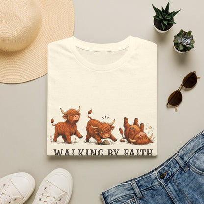 Walking By Faith Tripping Constantly T-Shirt – Cute Highland Cow Design, Faith Humor Tee