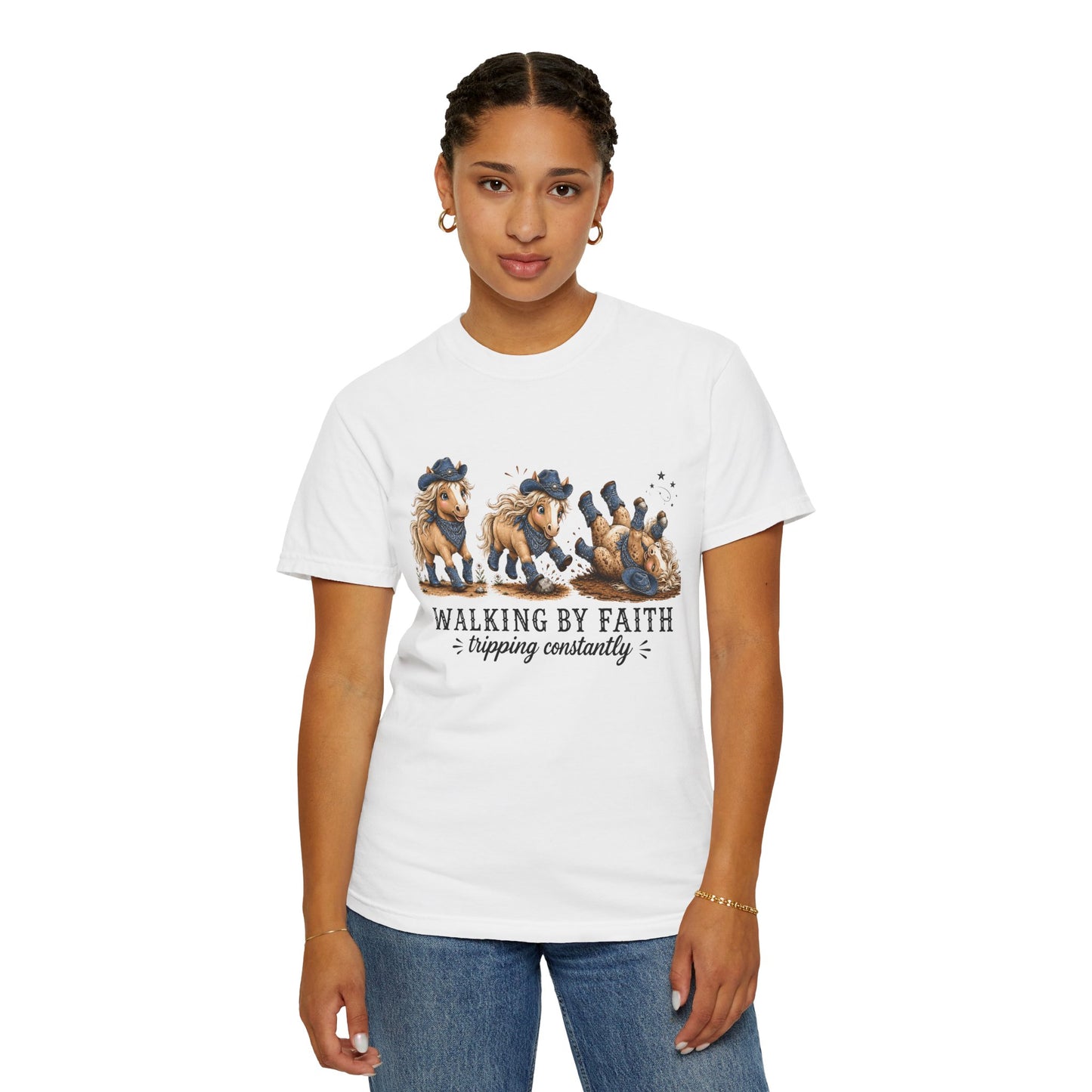 Comfort Colors® Walking By Faith Tripping Constantly Shirt Western Cowgirl Horse lover Tee Trendy Faith Christian Mom Country  Shirt