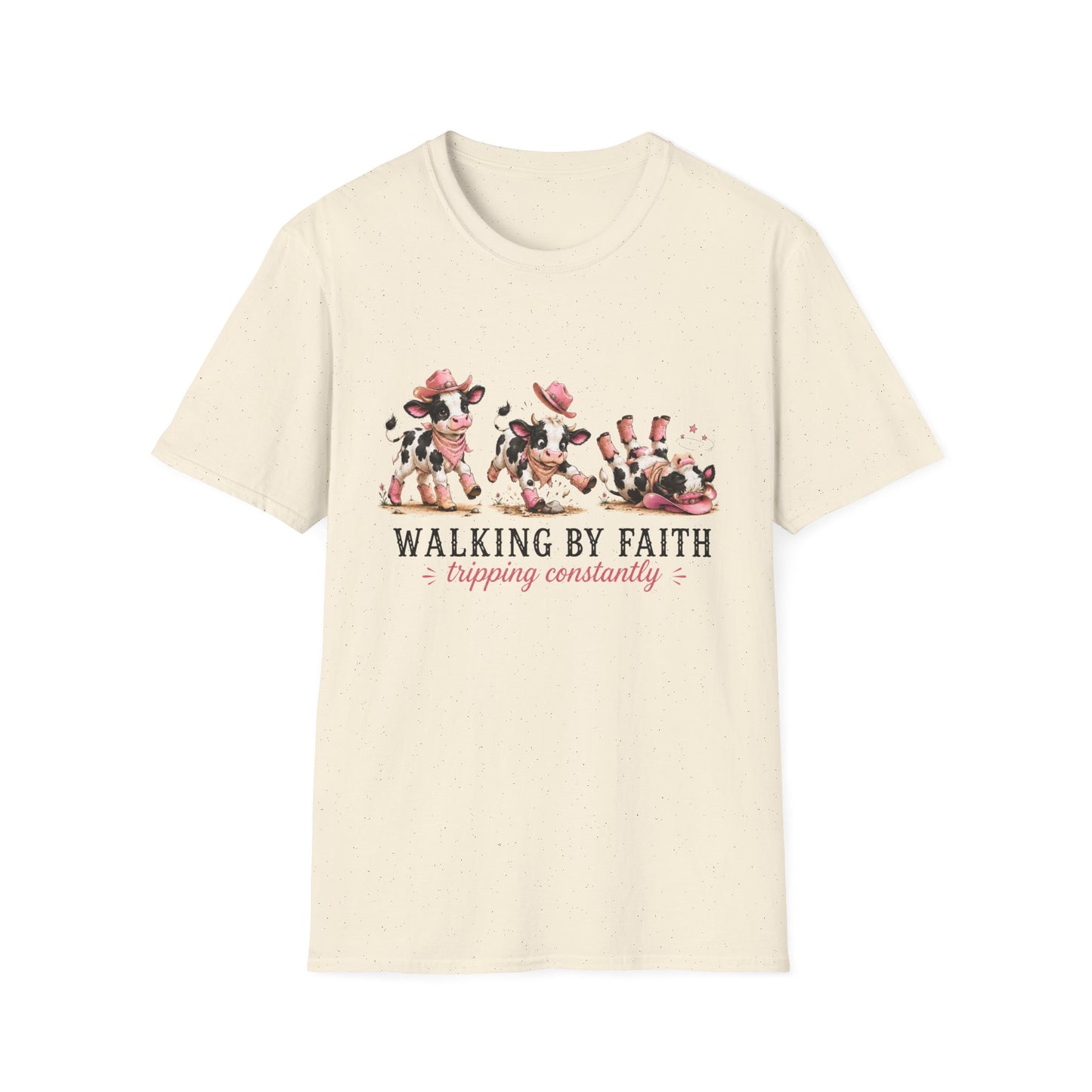 Walking By Faith Tripping Constantly T-Shirt – Cute Spotted Cow Design, Faith Humor Tee