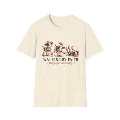 Walking By Faith Tripping Constantly T-Shirt – Cute Spotted Cow Design, Faith Humor Tee