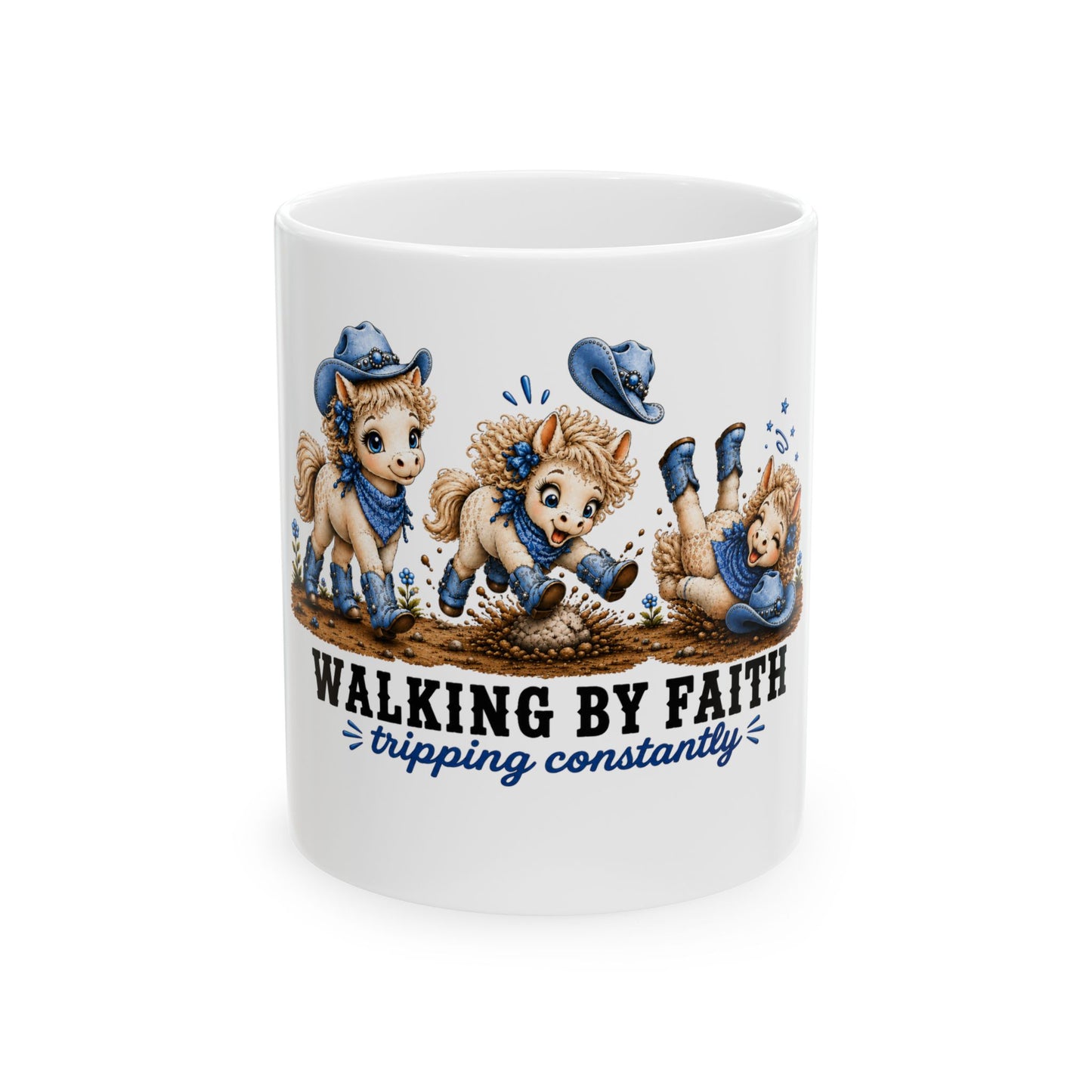 Walking By Faith Tripping Constantly Mug, White Coffee Mug, Denim Cowgirl Horse Mug, Whimsical Western Boots Hat Gift, Christian Cowgirl Mug