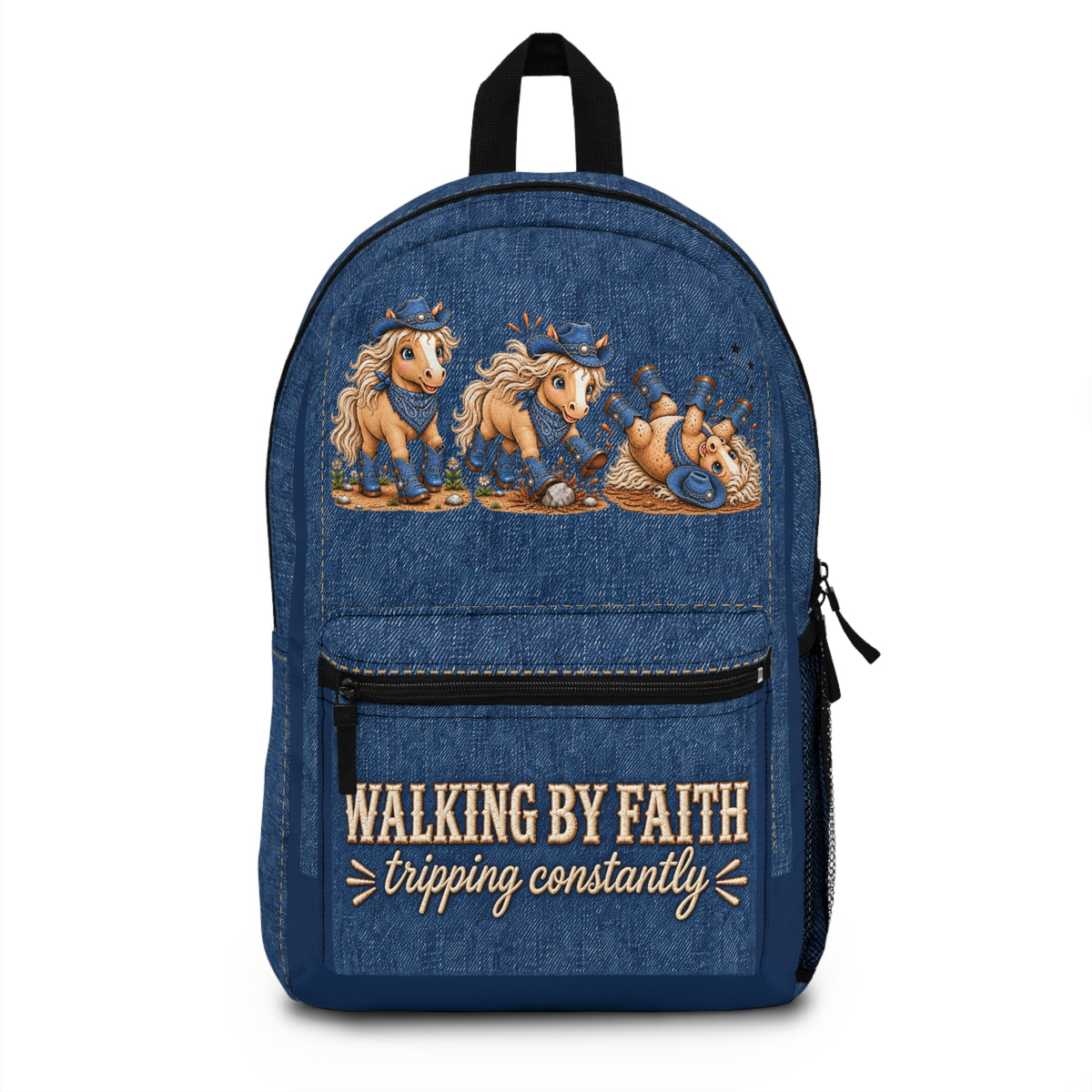 Walking By Faith Tripping Constantly Horse Backpack Denim Print Design Western Cowgirl Faith Bag Lightweight Denim Look Pony Backpack