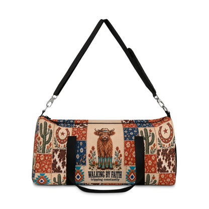 Walking By Faith Tripping Constantly Cow *Limited Edition* Duffel Bag, Western Highland Cow Patchwork Canvas Travel Bag, Rodeo Cowboy Gift
