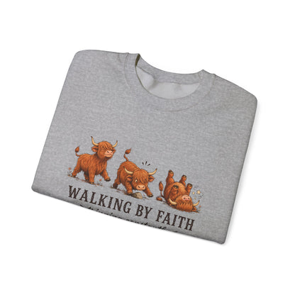 Walking By Faith Tripping Constantly Highland Cow Christmas Winter Sweatshirt
