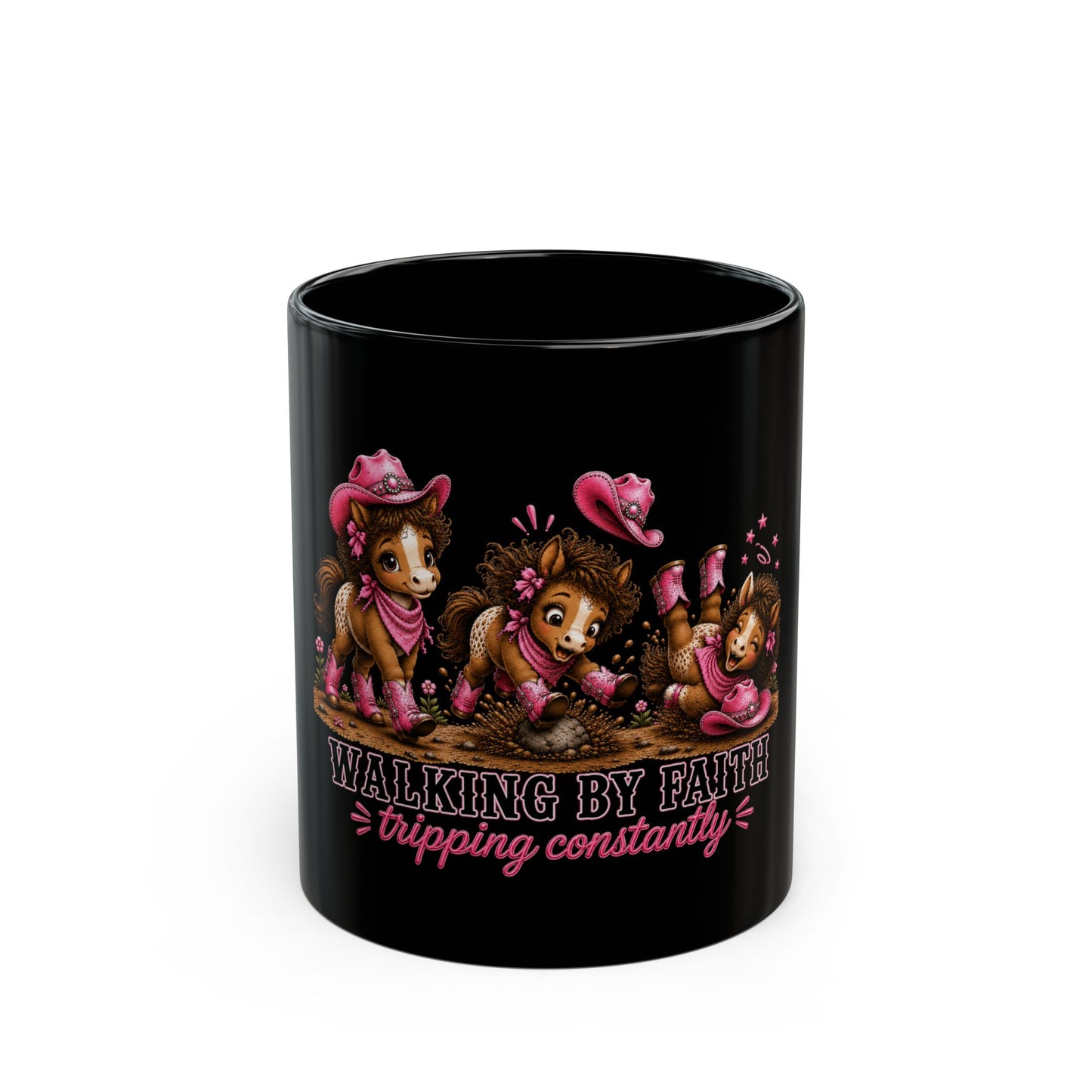 Walking By Faith Tripping Constantly Mug, Cute Cowgirl Horse Mug, Whimsical Western Cowgirl Gift, Christian Cowgirl Mug