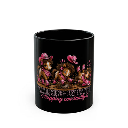 Walking By Faith Tripping Constantly Mug, Cute Cowgirl Horse Mug, Whimsical Western Cowgirl Gift, Christian Cowgirl Mug