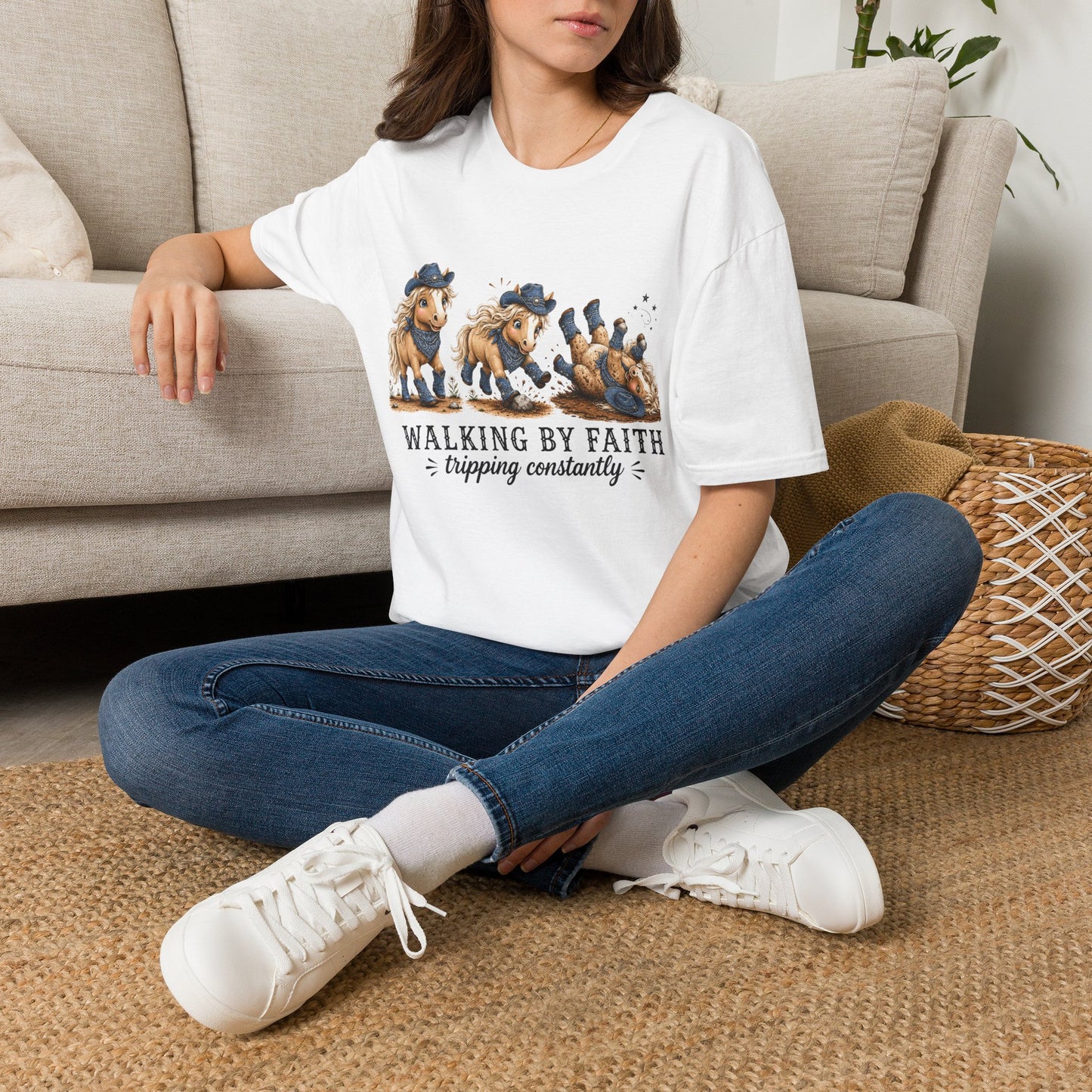 Walking by Faith (Tripping Constantly) Horse Denim Cowgirl  Graphic Tee