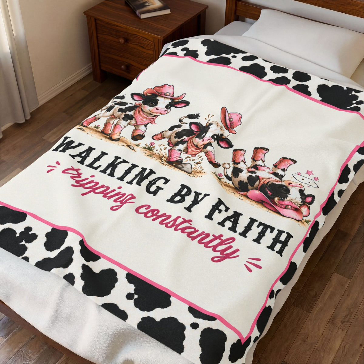 Walking by Faith Tripping Constantly Cow Blanket, Velveteen Western Cow Print, Winter Cozy Gift