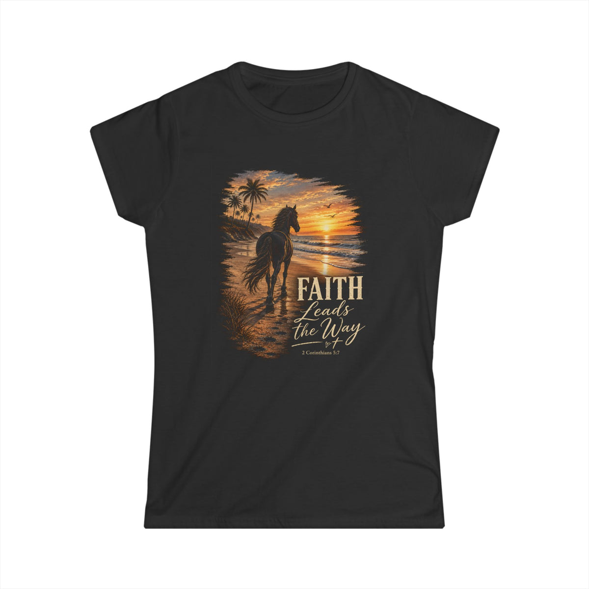 Faith Leads The Way Shirt, Horse Sunset Beach Tshirt, Christian Horse Lover Rodeo Gift, 2 Corinthians Faith Tee, Womens Religious Shirt