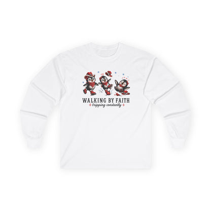 Walking By Faith Tripping Constantly Unisex Long Sleeve Shirt – Christmas Penguin Figure Skating Sweatshirt, Holiday Penguin Lover Gift