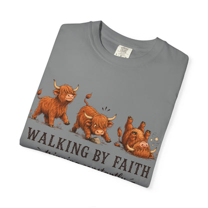 Comfort Colors® Walking by Faith Tripping Constantly Tee, Highland Cow Western Shirt, Christian Shirt Women, Funny Faith Humor Gospel Quote