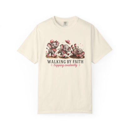 Comfort Colors® Walking By Faith Tripping Constantly Shirt Cute Pink Cowgirl Elephant Design Funny Faith Christian Religious Tee