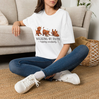 Walking By Faith Tripping Constantly T-Shirt – Cute Highland Cow Design, Faith Humor Tee